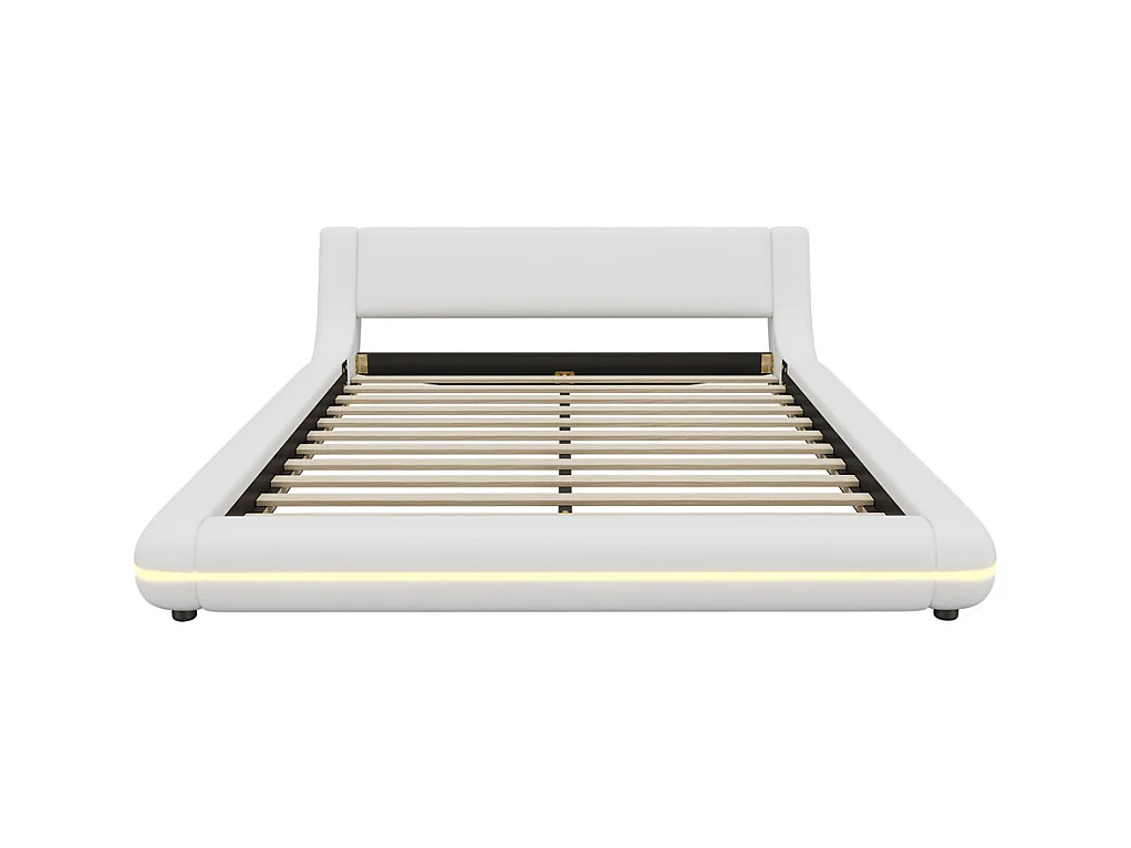 Lit adulte lit 140x200 cm lit au sol avec éclairage ambiant led lit double pu blanc
