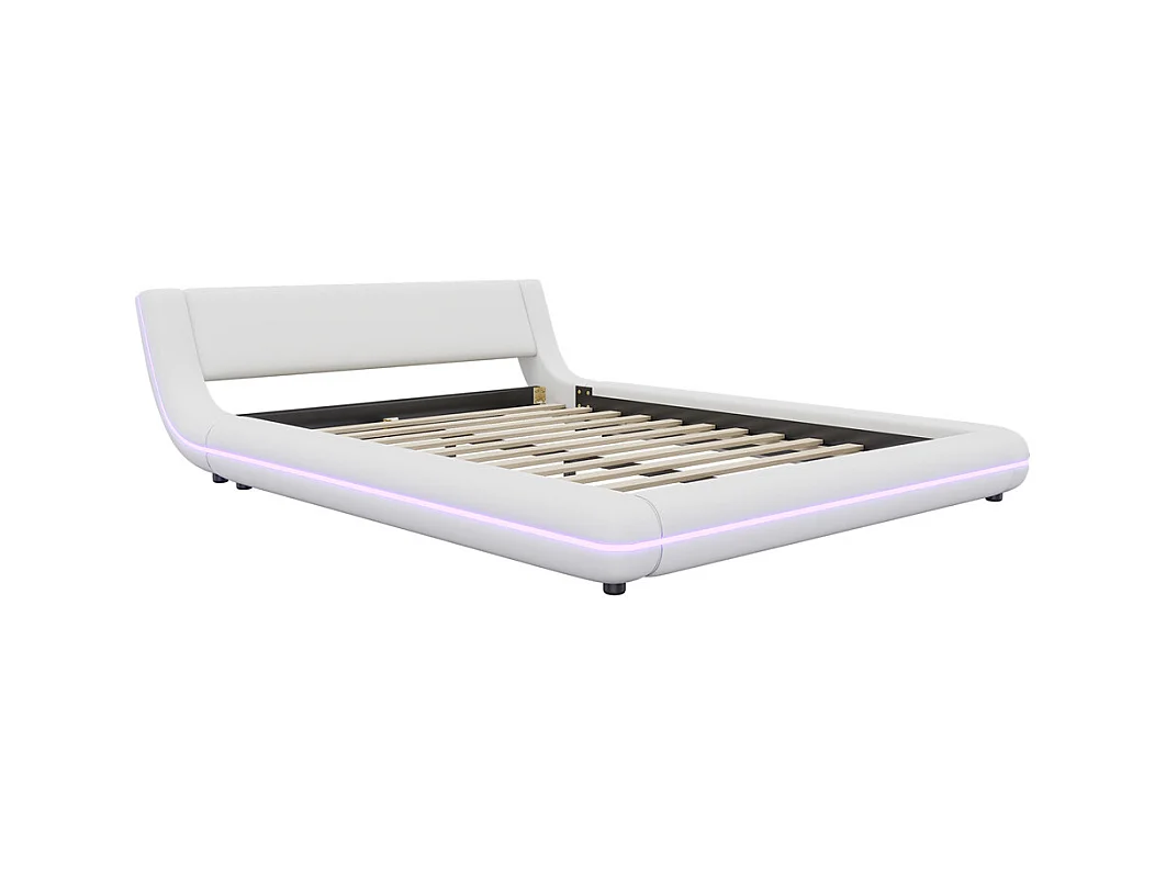 Lit adulte lit 140x200 cm lit au sol avec éclairage ambiant led lit double pu blanc