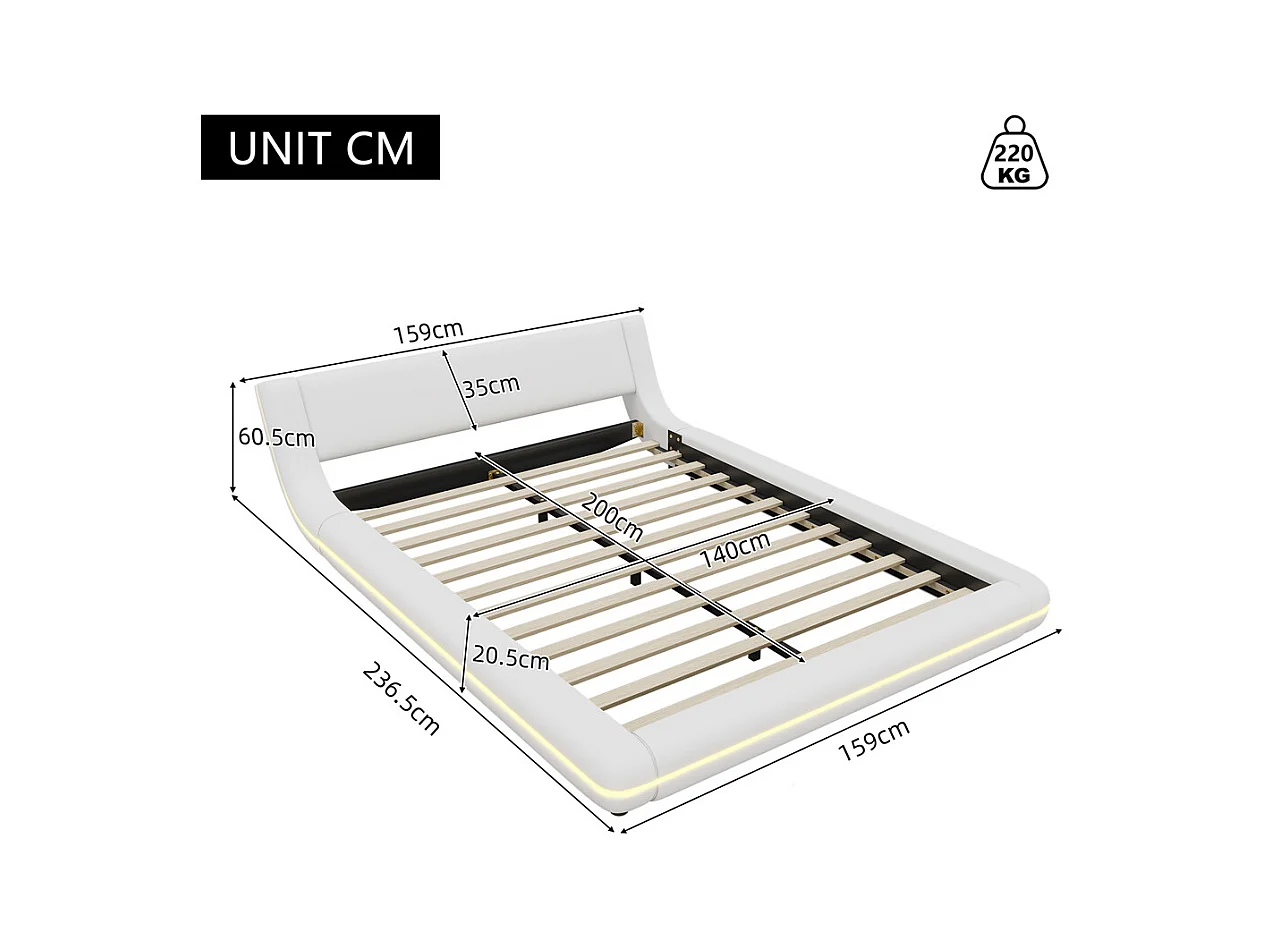 Lit adulte lit 140x200 cm lit au sol avec éclairage ambiant led lit double pu blanc