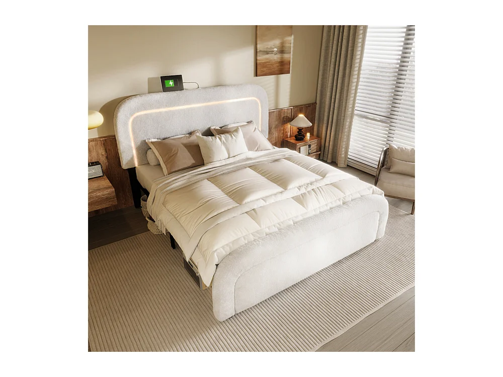 Gestoffeerd bed 140x200cm, bedframe met USB type C oplaadfunctie, LED-verlichting, houten lattenbodem, sherp-wit