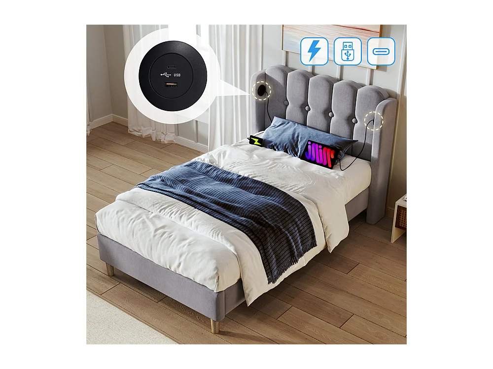 Volwassen bed 90x200 cm gestoffeerd bed met usb type c oplaadfunctie Eenpersoons grijs linnen