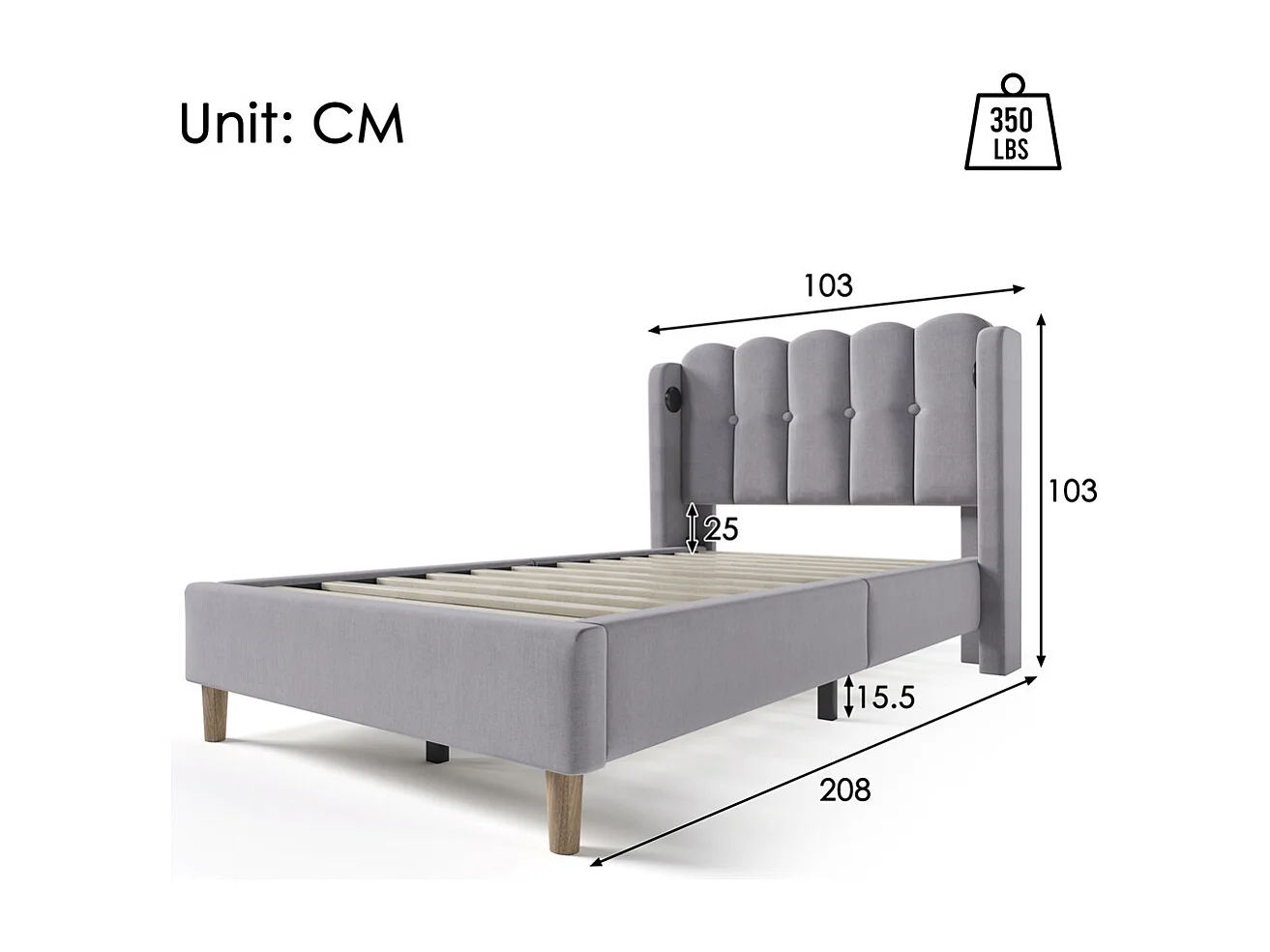 Volwassen bed 90x200 cm gestoffeerd bed met usb type c oplaadfunctie Eenpersoons grijs linnen