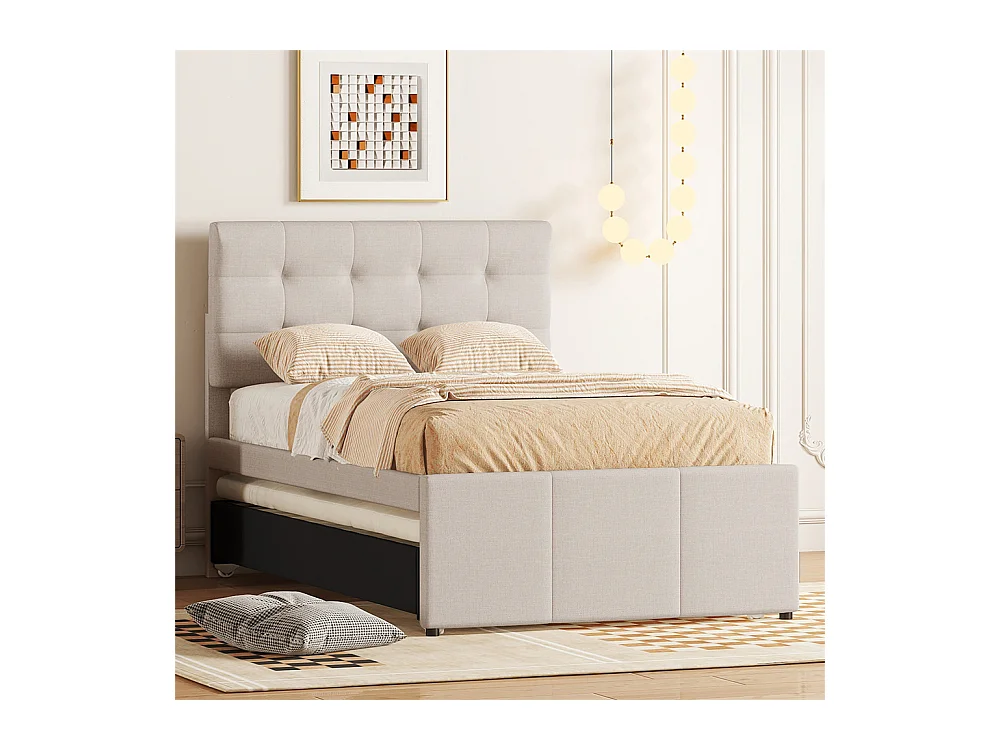 Lit adulte lit 90x200 cm lit rembourré avec trois tiroirs Single lin beige
