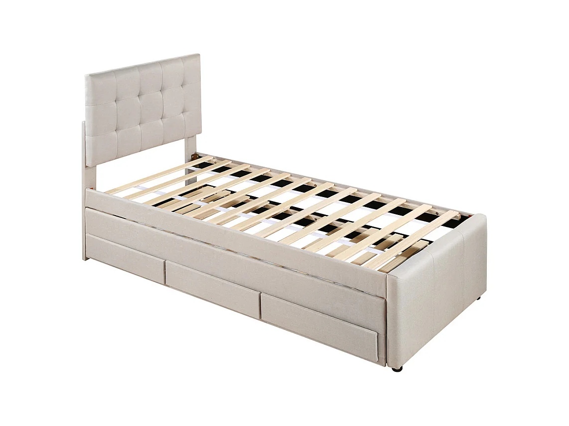 Lit adulte lit 90x200 cm lit rembourré avec trois tiroirs Single lin beige