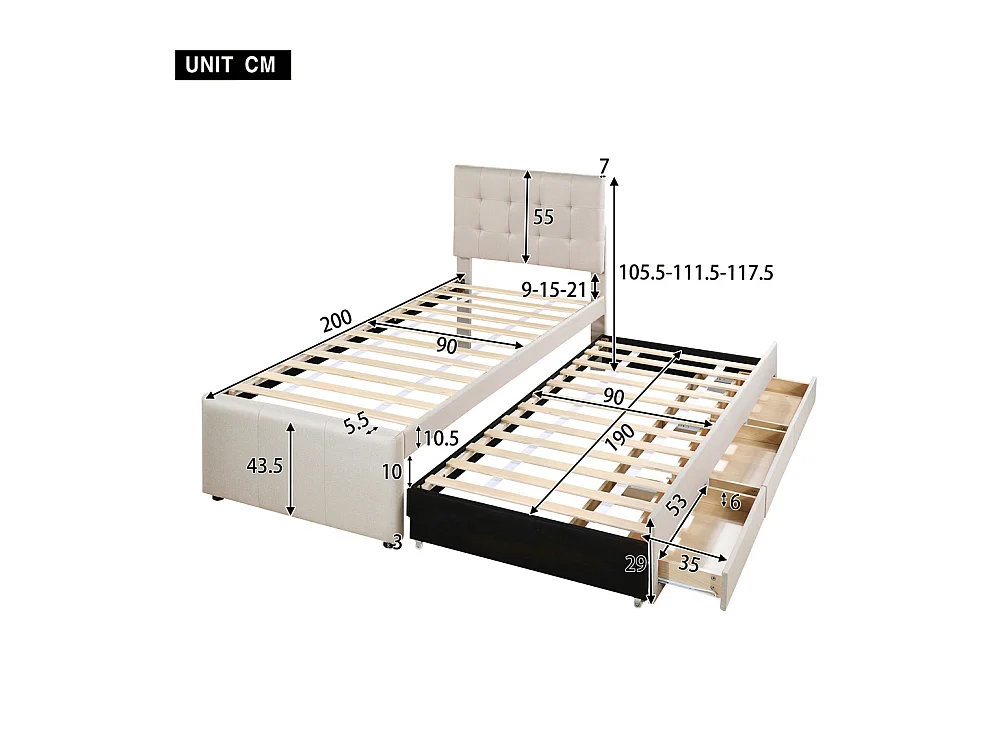 Lit adulte lit 90x200 cm lit rembourré avec trois tiroirs Single lin beige