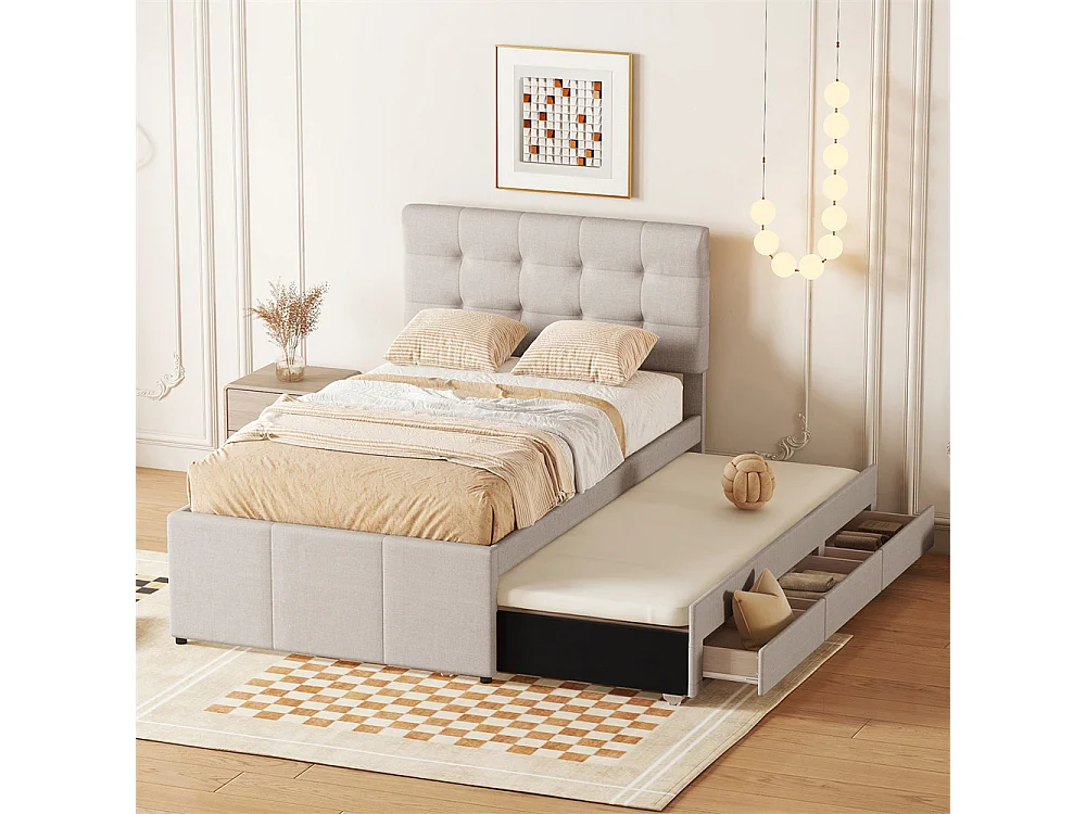 Lit adulte lit 90x200 cm lit rembourré avec trois tiroirs Single lin beige