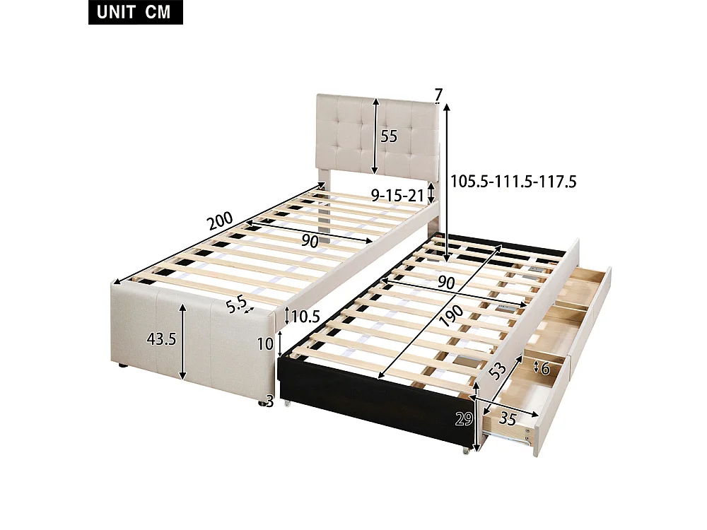 Lit adulte lit 90x200 cm lit rembourré avec trois tiroirs Single lin beige