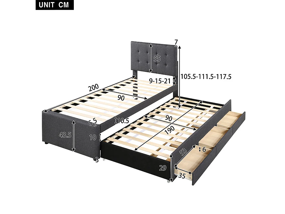 Lit adulte lit 90x200 cm lit rembourré avec trois tiroirs Single lin gris