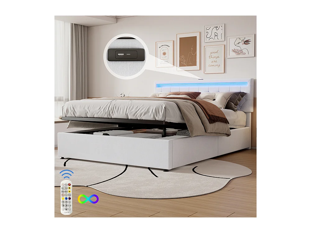 Volwassen bed 160x200 cm gestoffeerd bed opbergbed met sfeerverlichting tweepersoonsbed wit linnen