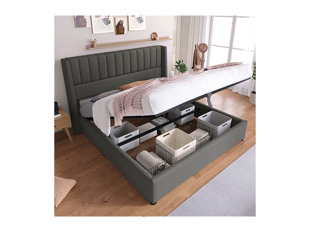 Lit rembourré hydraulique lit coffre lit 160x200 cm lit de rangement lit en métal lit cadre à lattes en bois lit double lin gris