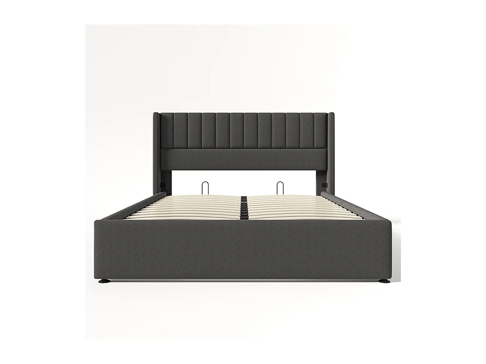 Lit rembourré hydraulique lit coffre lit 160x200 cm lit de rangement lit en métal lit cadre à lattes en bois lit double lin gris