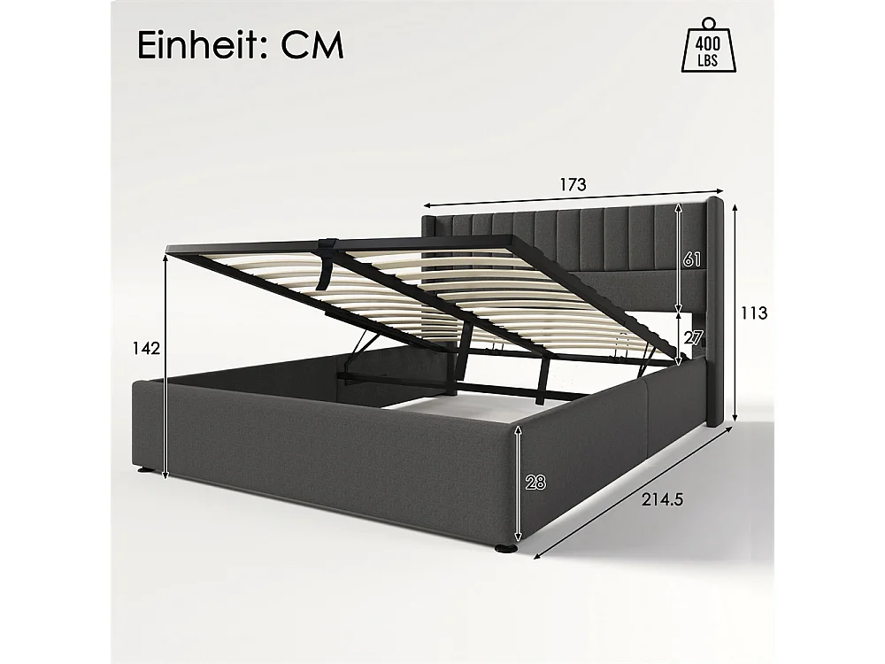 Lit rembourré hydraulique lit coffre lit 160x200 cm lit de rangement lit en métal lit cadre à lattes en bois lit double lin gris