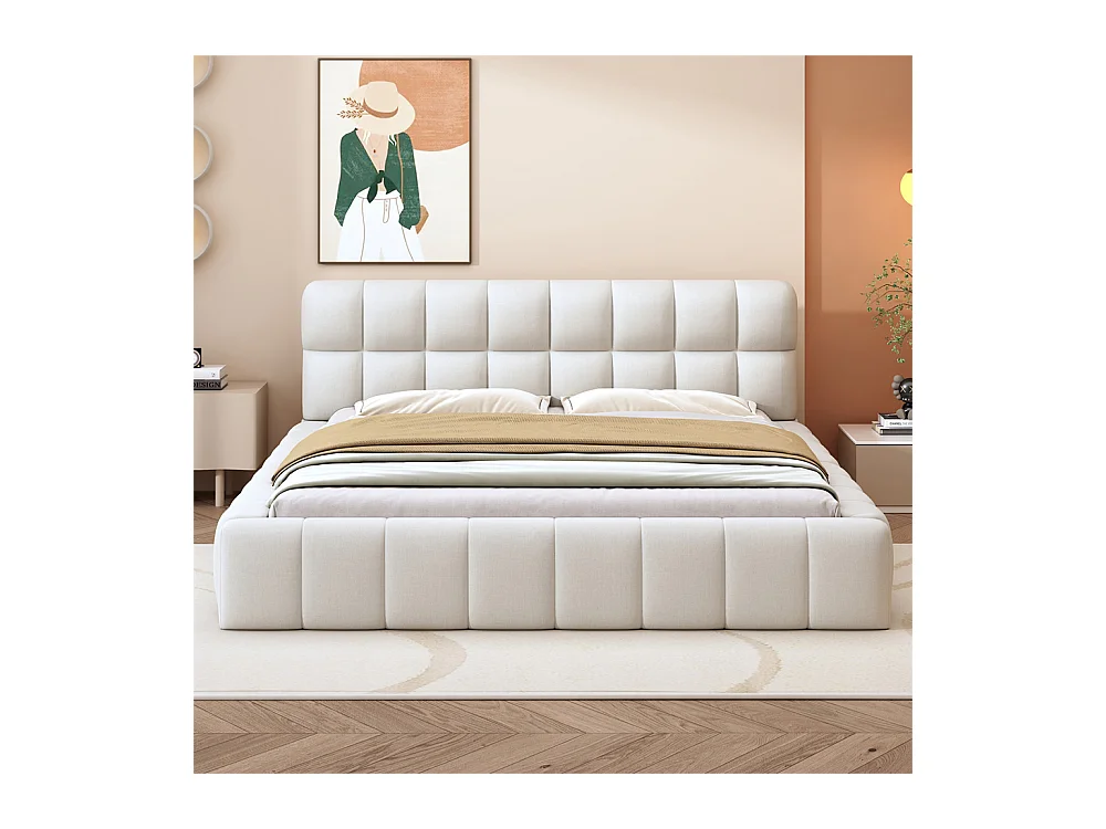 Lit adulte lit 140x200 cm lit rembourré avec sommier à lattes lit double lin beige