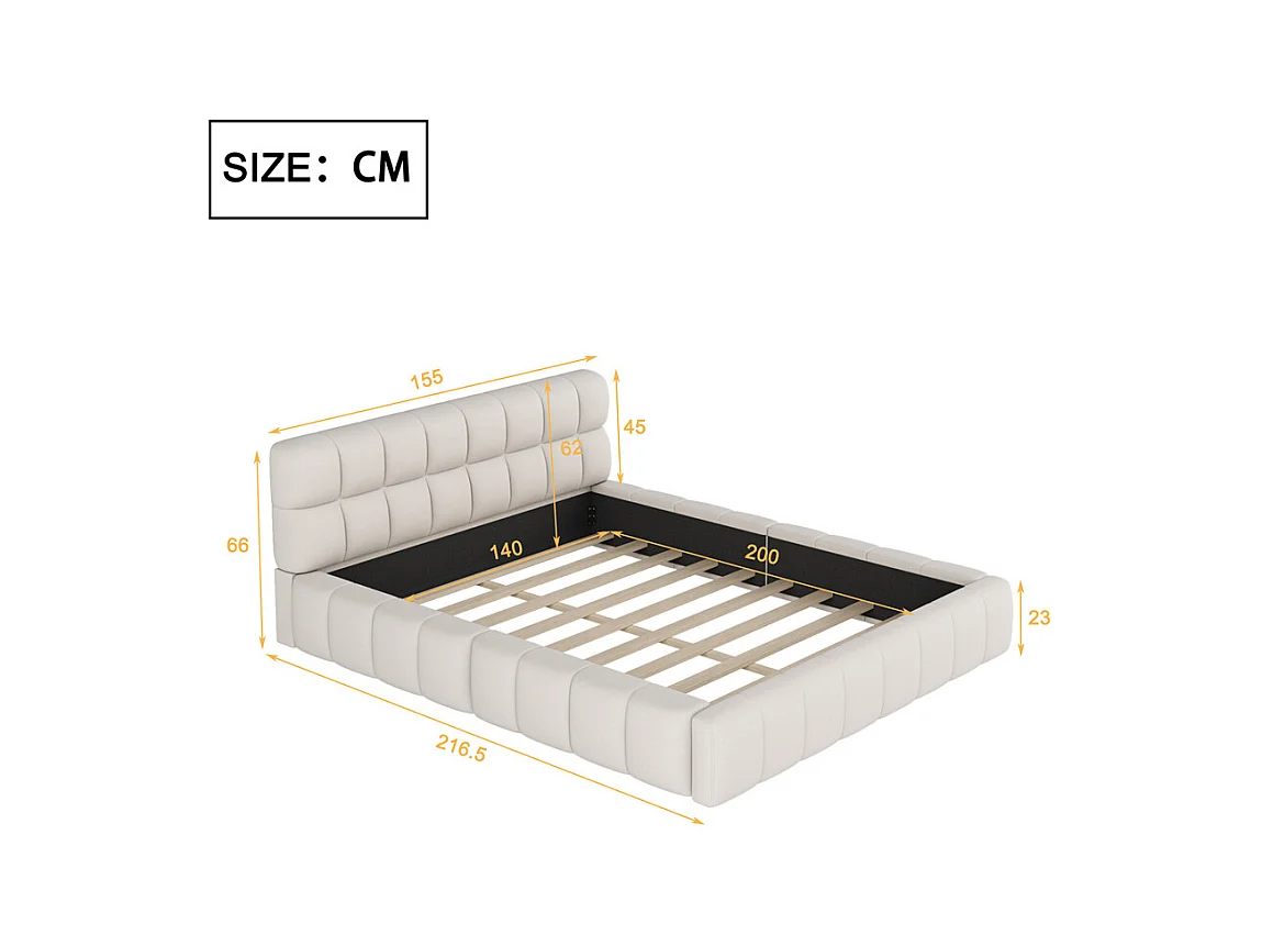 Lit adulte lit 140x200 cm lit rembourré avec sommier à lattes lit double lin beige