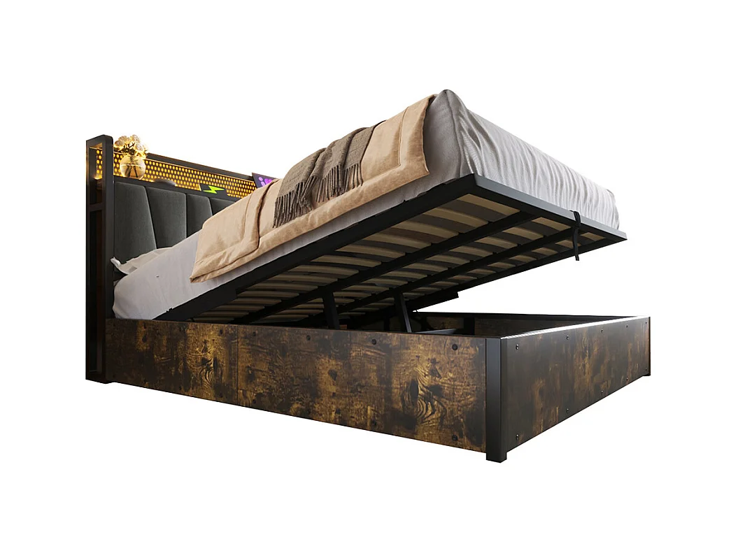 Volwassen bed 160x200 cm bed houten lattenbodem led verlichting metalen bed tweepersoonsbed grijs linnen