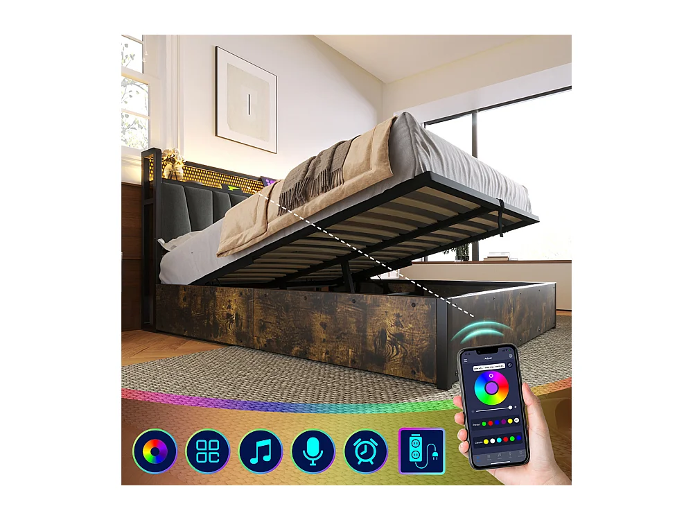 Volwassen bed 160x200 cm bed houten lattenbodem led verlichting metalen bed tweepersoonsbed grijs linnen