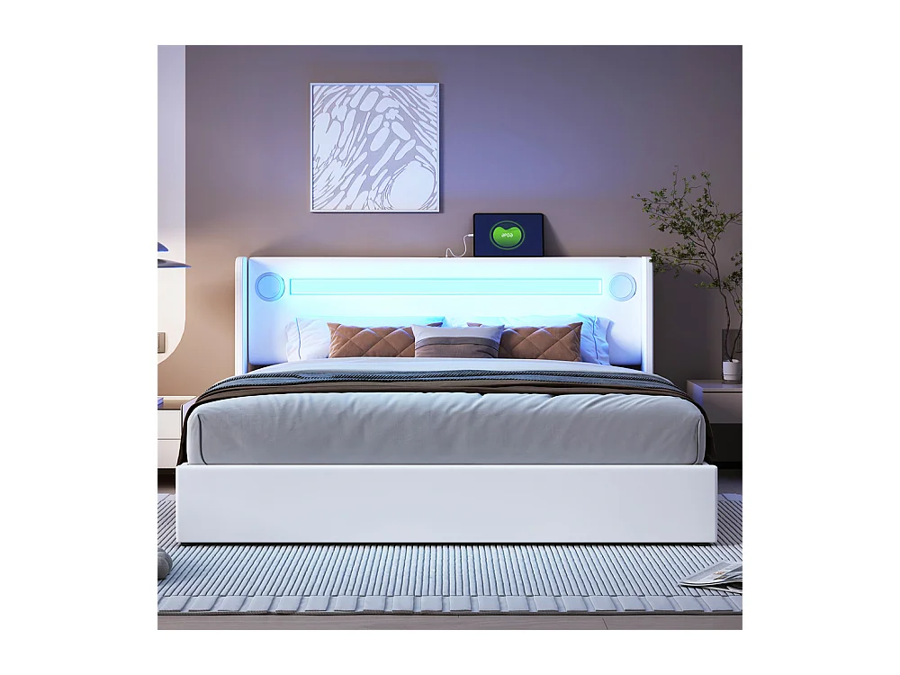 Gestoffeerd bed 160x200cm lattenbodem bed LED-lichtbalk bed Bluetooth-speler en USB-oplaadbaar tweepersoonsbed wit PU-leer