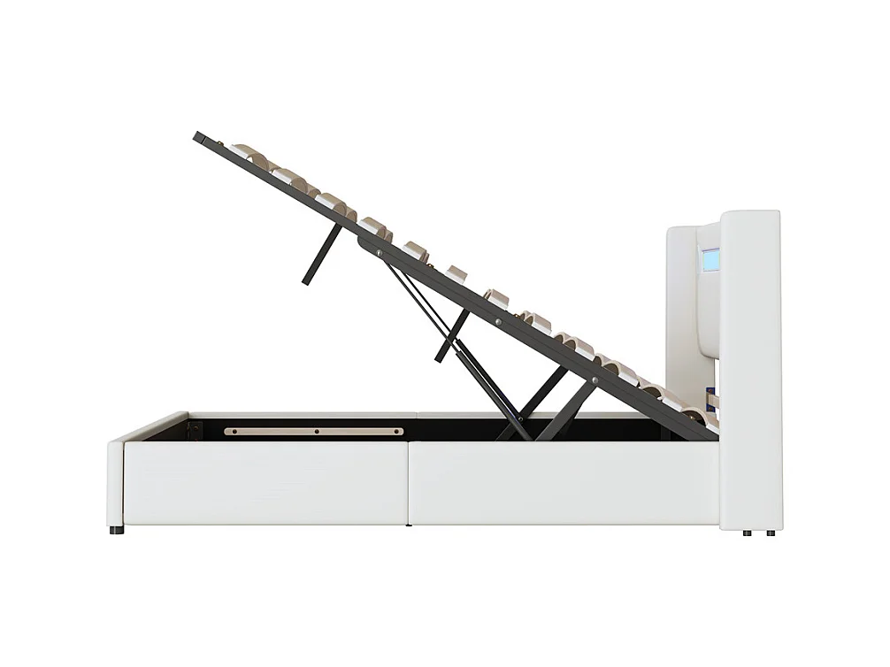 Gestoffeerd bed 160x200cm lattenbodem bed LED-lichtbalk bed Bluetooth-speler en USB-oplaadbaar tweepersoonsbed wit PU-leer