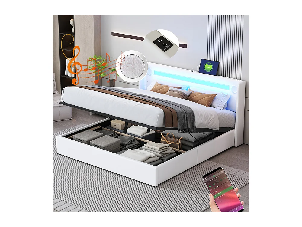 Gestoffeerd bed 160x200cm lattenbodem bed LED-lichtbalk bed Bluetooth-speler en USB-oplaadbaar tweepersoonsbed wit PU-leer