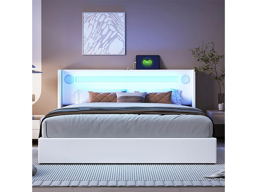 Gestoffeerd bed 160x200cm lattenbodem bed LED-lichtbalk bed Bluetooth-speler en USB-oplaadbaar tweepersoonsbed wit PU-leer
