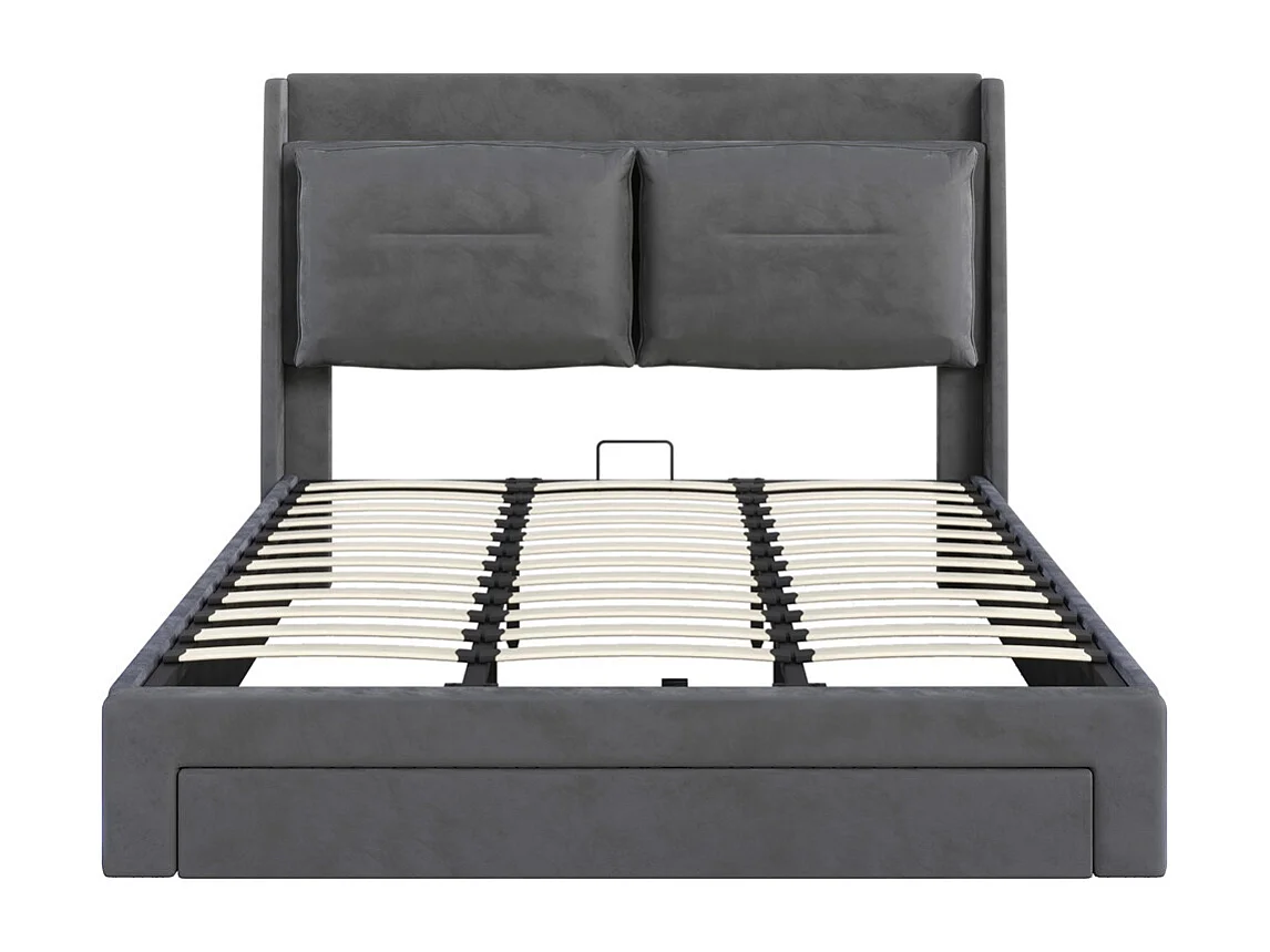 Hydraulisch gestoffeerd bed 180x200cm, opberglades, met lattenbodem, zonder matras, fluweel, donkergrijs