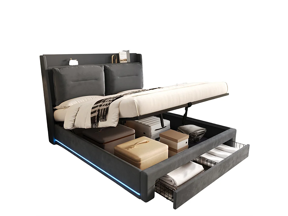 Hydraulisch gestoffeerd bed 180x200cm, opberglades, met lattenbodem, zonder matras, fluweel, donkergrijs