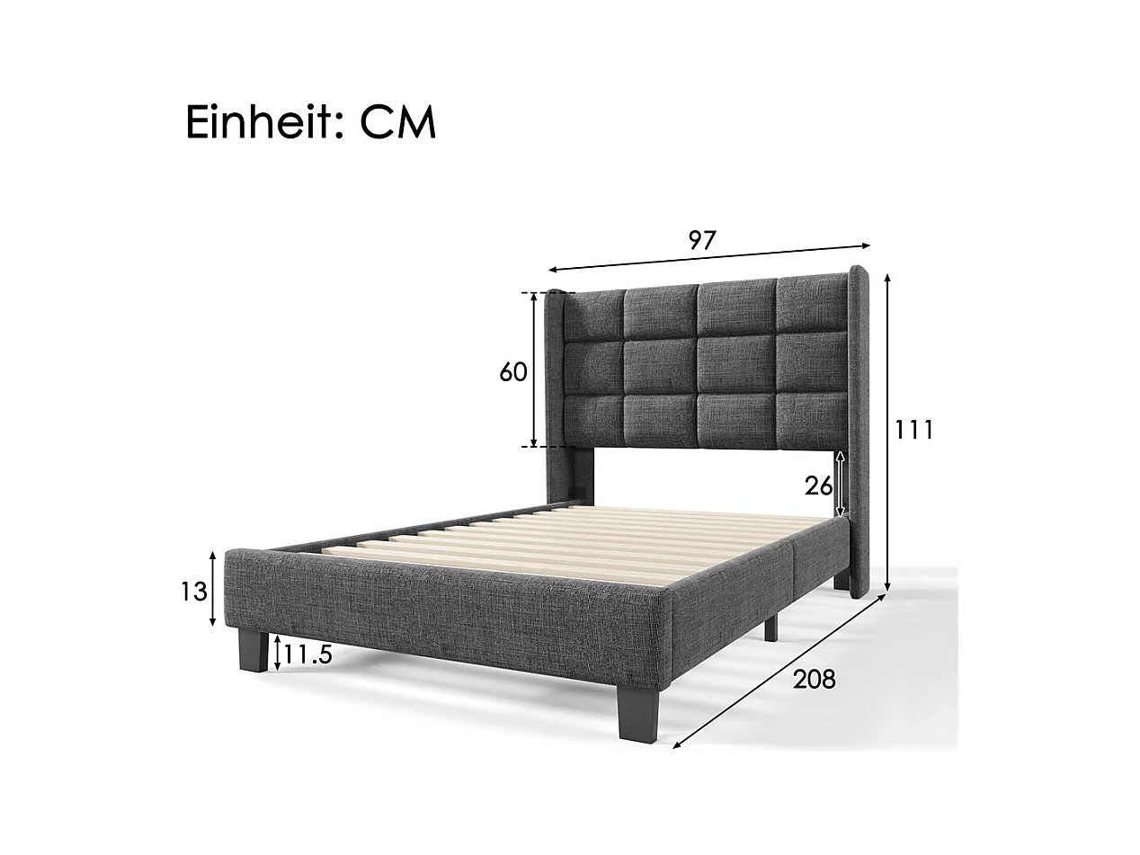 Lit adulte lit 90x200 cm lit rembourré lit sommier à lattes Single lin gris