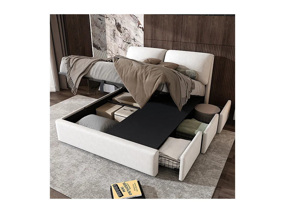 Hydraulisch gestoffeerd bed, opbergbed 140x200 cm, bed met drie laden, bedframe en lattenbodem, wit fluweel