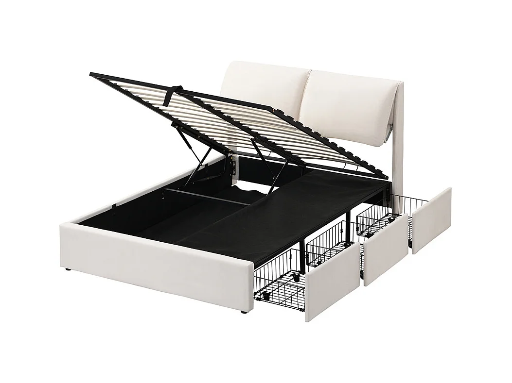 Hydraulisch gestoffeerd bed, opbergbed 140x200 cm, bed met drie laden, bedframe en lattenbodem, wit fluweel