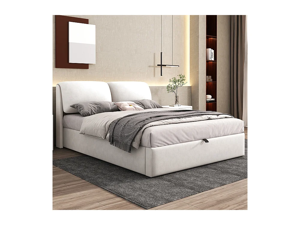 Hydraulisch gestoffeerd bed, opbergbed 140x200 cm, bed met drie laden, bedframe en lattenbodem, wit fluweel