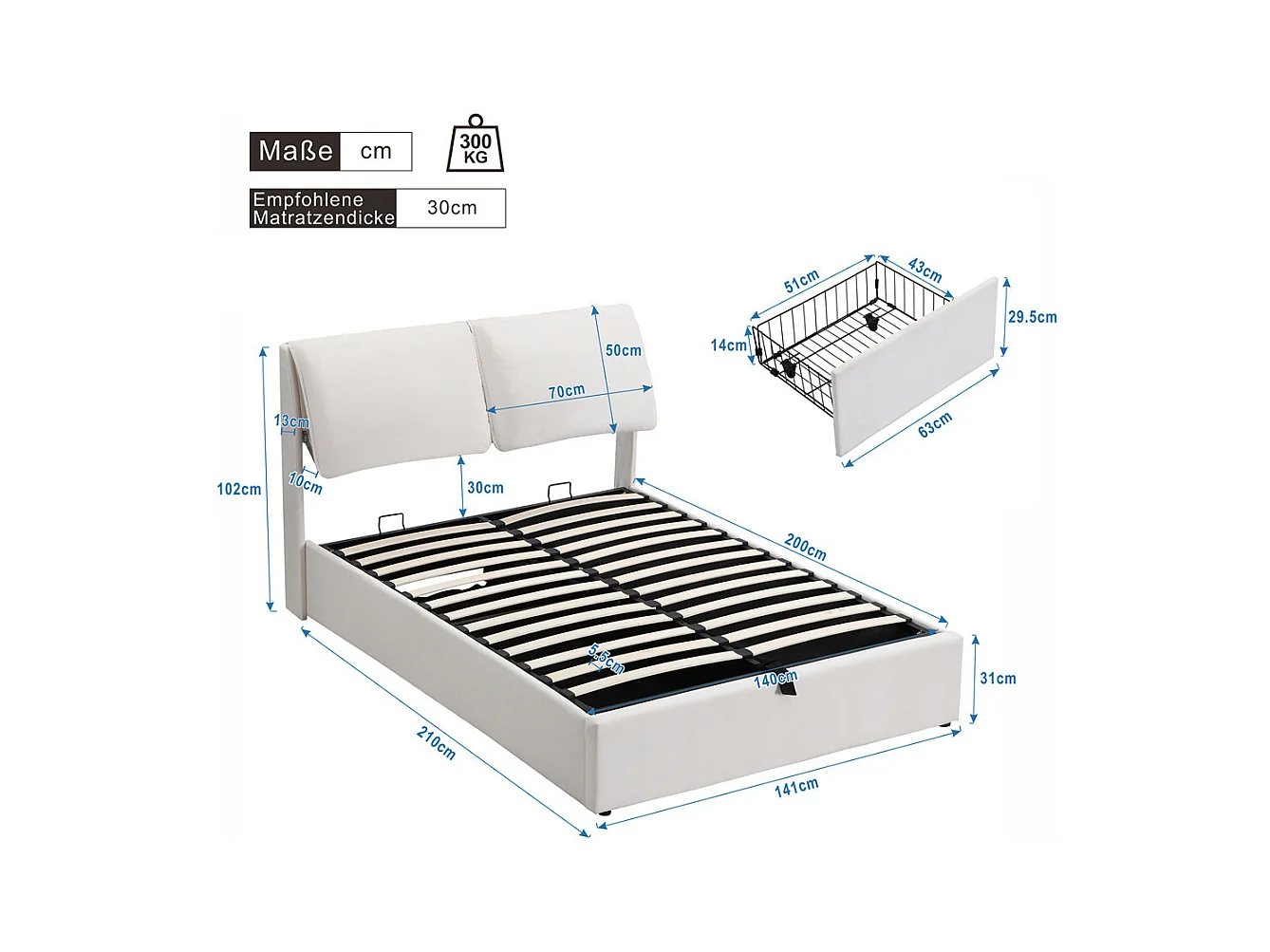Hydraulisch gestoffeerd bed, opbergbed 140x200 cm, bed met drie laden, bedframe en lattenbodem, wit fluweel