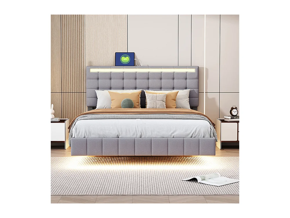 Lit adulte lit 140x200 cm lit rembourré avec lampes led lit double lin gris