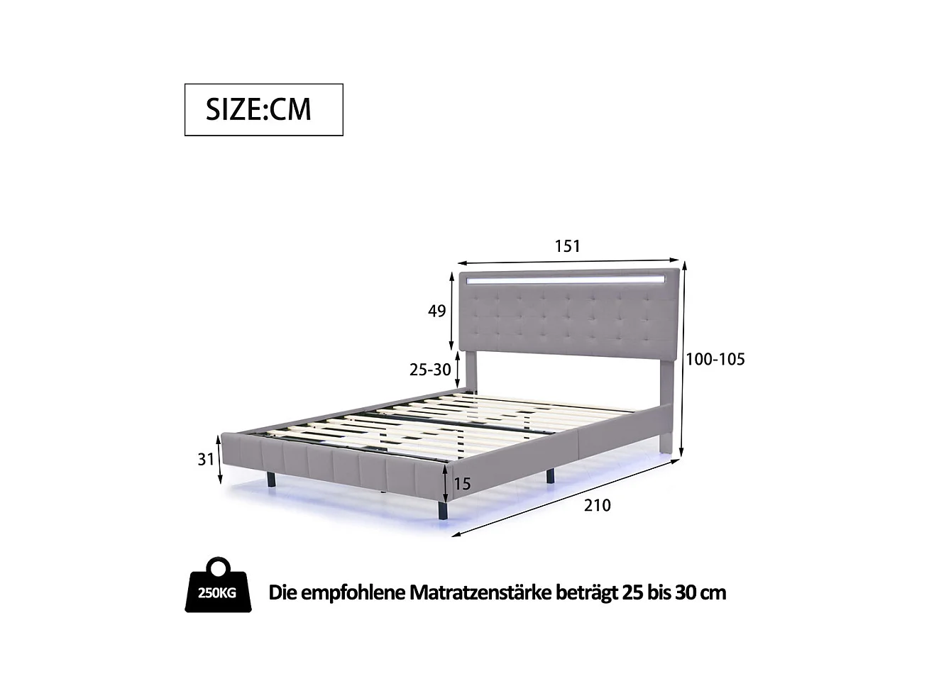 Lit adulte lit 140x200 cm lit rembourré avec lampes led lit double lin gris