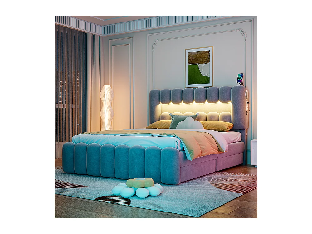 Lit adulte lit 160x200 cm lit rembourré avec barre lumineuse led lit 4 tiroirs avec usb et chaîne stéréo lit double velours gris