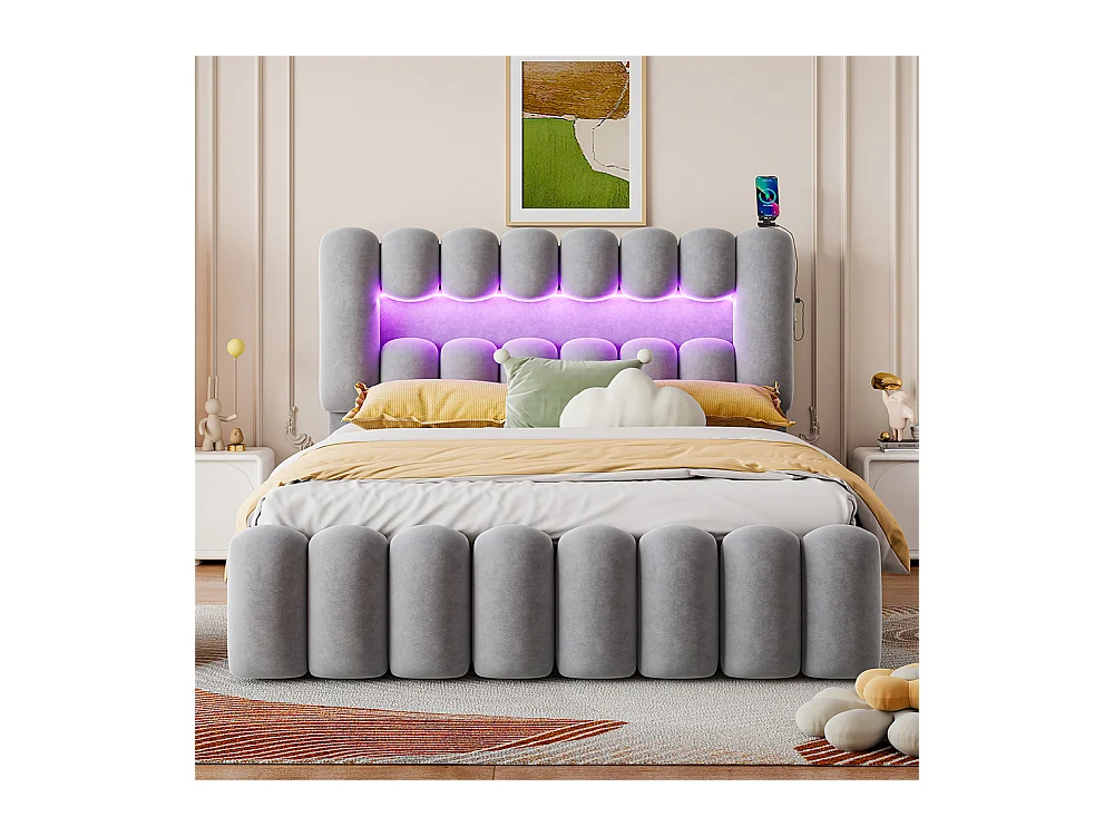 Lit adulte lit 160x200 cm lit rembourré avec barre lumineuse led lit 4 tiroirs avec usb et chaîne stéréo lit double velours gris
