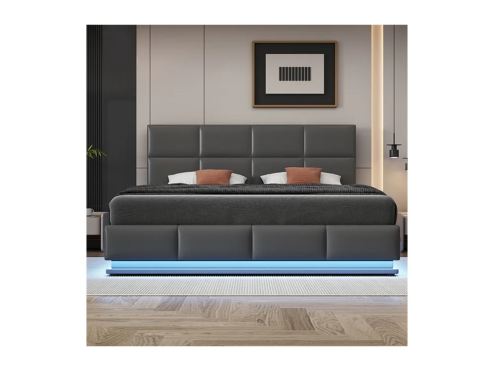 Volwassen bed 180x200 cm hydraulisch gestoffeerd bed met LED-verlichting tweepersoonsbed donkergrijs kunstleer