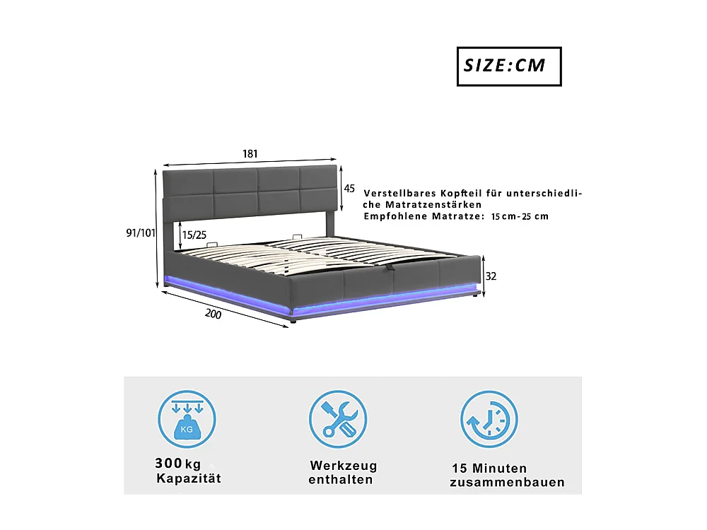 Volwassen bed 180x200 cm hydraulisch gestoffeerd bed met LED-verlichting tweepersoonsbed donkergrijs kunstleer