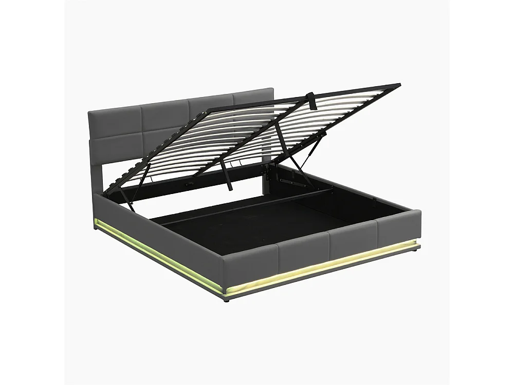 Volwassen bed 180x200 cm hydraulisch gestoffeerd bed met LED-verlichting tweepersoonsbed donkergrijs kunstleer