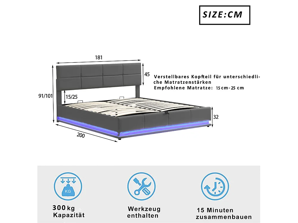 Volwassen bed 180x200 cm hydraulisch gestoffeerd bed met LED-verlichting tweepersoonsbed donkergrijs kunstleer