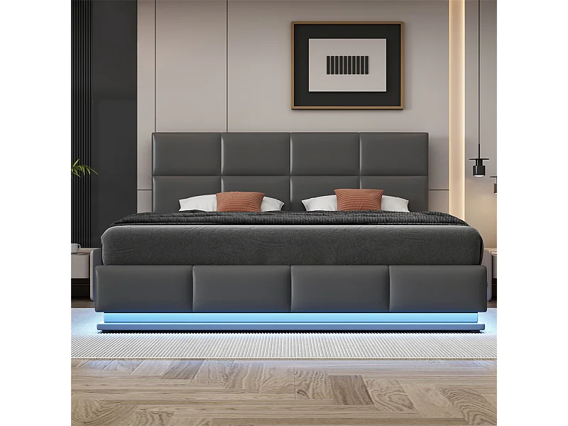Volwassen bed 180x200 cm hydraulisch gestoffeerd bed met LED-verlichting tweepersoonsbed donkergrijs kunstleer