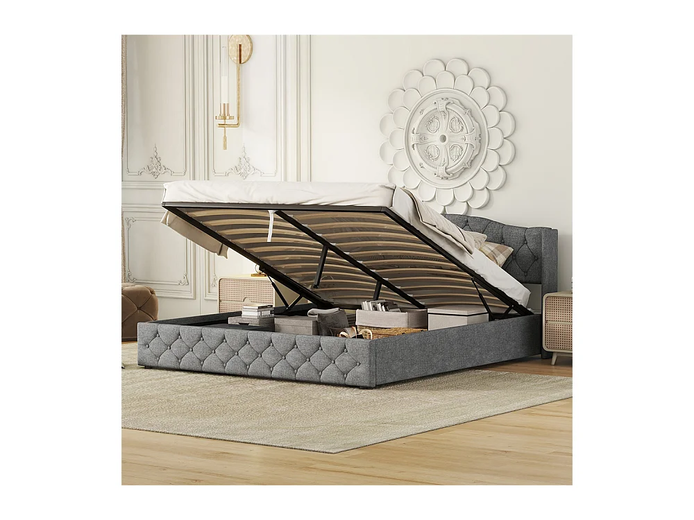 Multifunctioneel vlak bed 180x200cm, met hydraulische ondersteuning, linnen, grijs