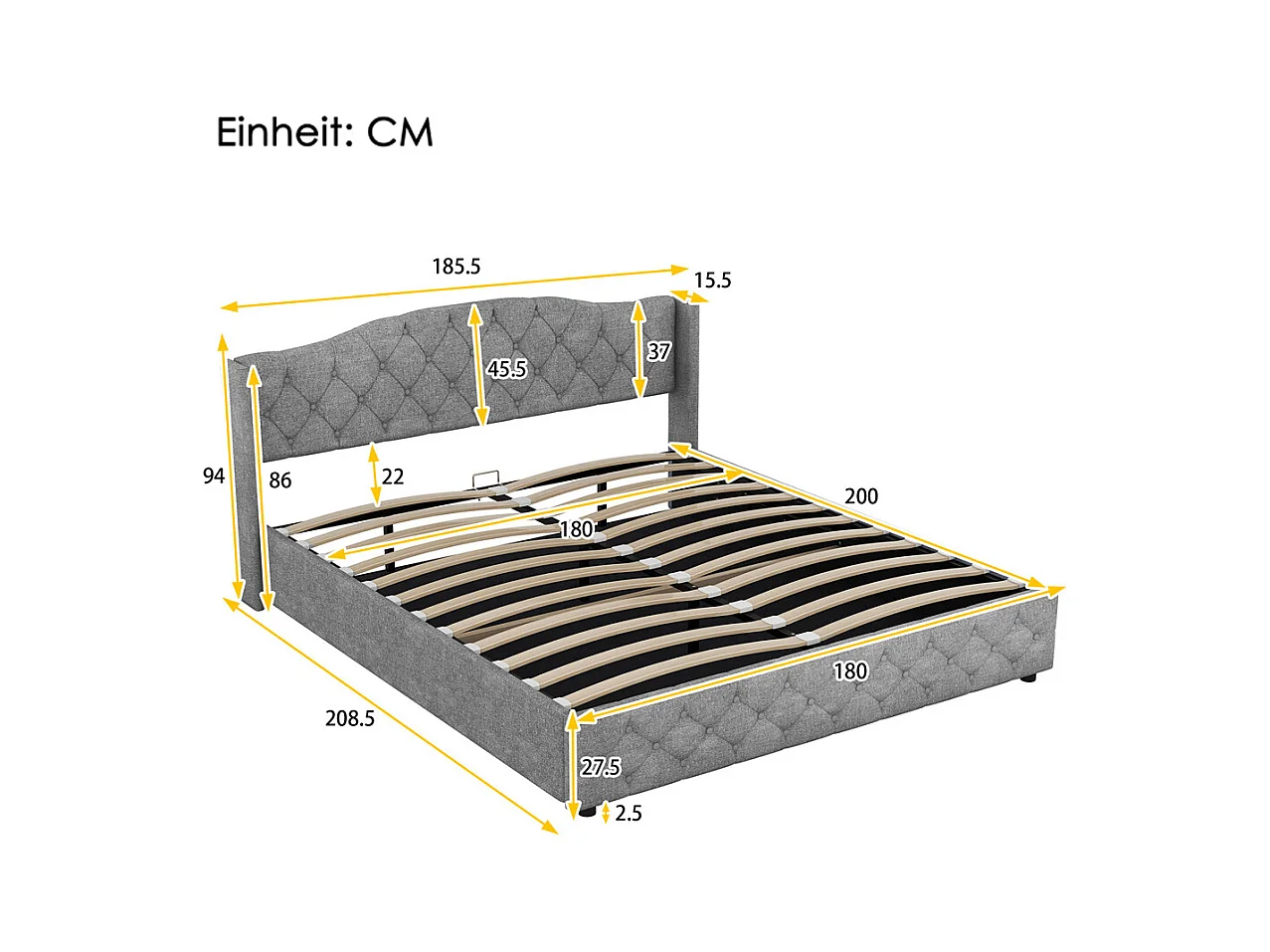 Multifunctioneel vlak bed 180x200cm, met hydraulische ondersteuning, linnen, grijs