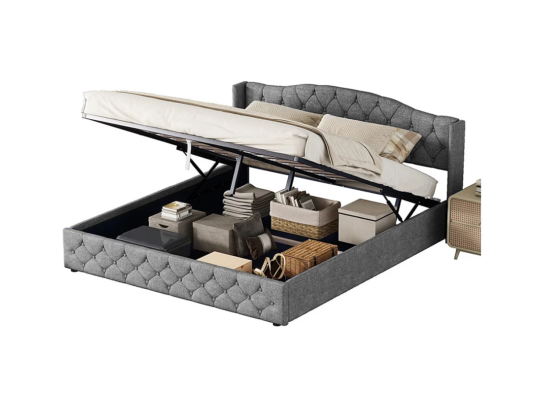 Multifunctioneel vlak bed 180x200cm, met hydraulische ondersteuning, linnen, grijs