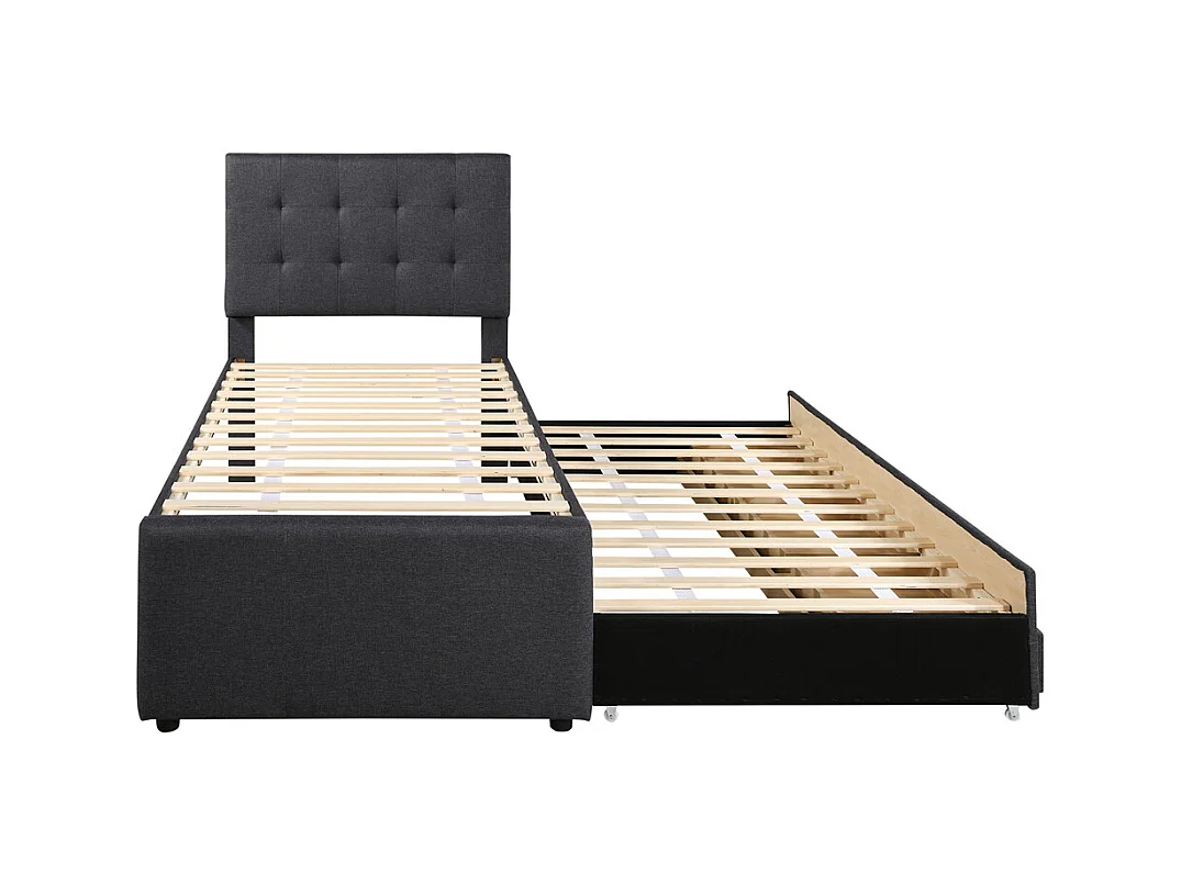 Volwassen bed 90x200 cm gestoffeerd bed met drie lades Eenpersoonsbed grijs linnen