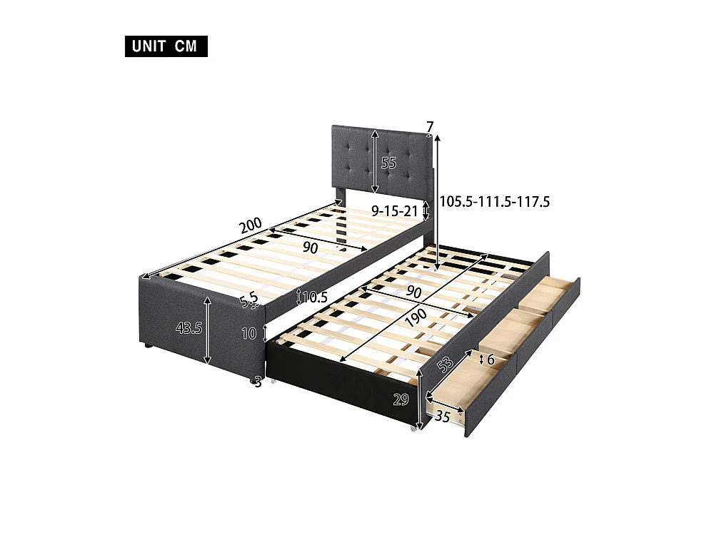 Volwassen bed 90x200 cm gestoffeerd bed met drie lades Eenpersoonsbed grijs linnen