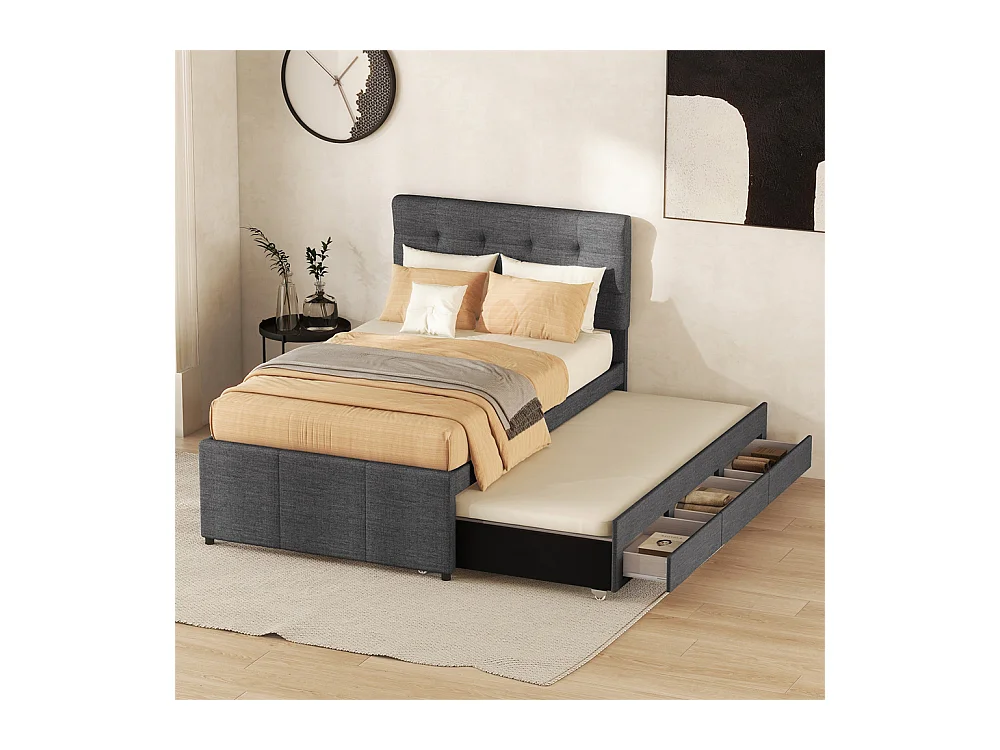 Volwassen bed 90x200 cm gestoffeerd bed met drie lades Eenpersoonsbed grijs linnen