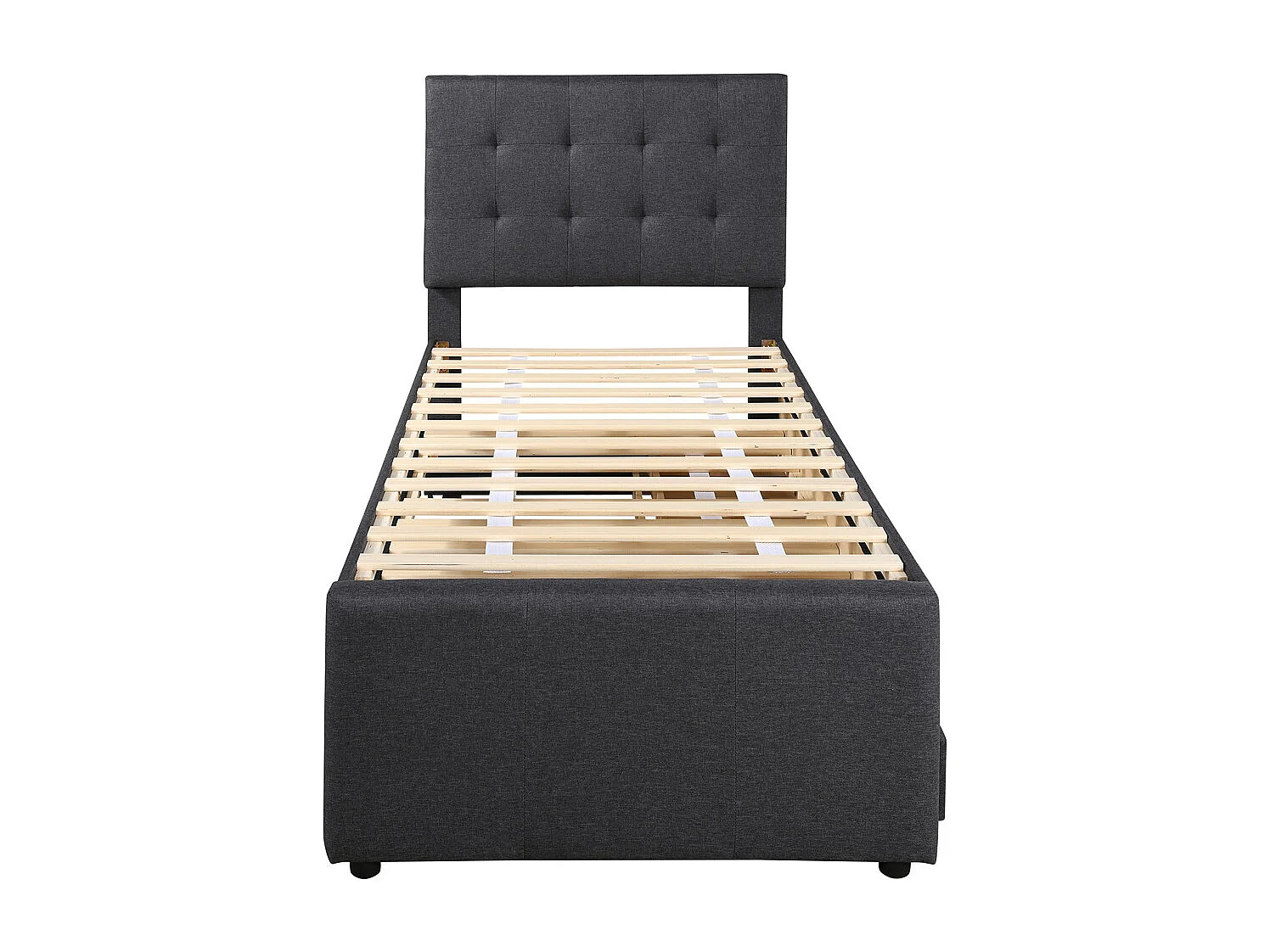 Volwassen bed 90x200 cm gestoffeerd bed met drie lades Eenpersoonsbed grijs linnen