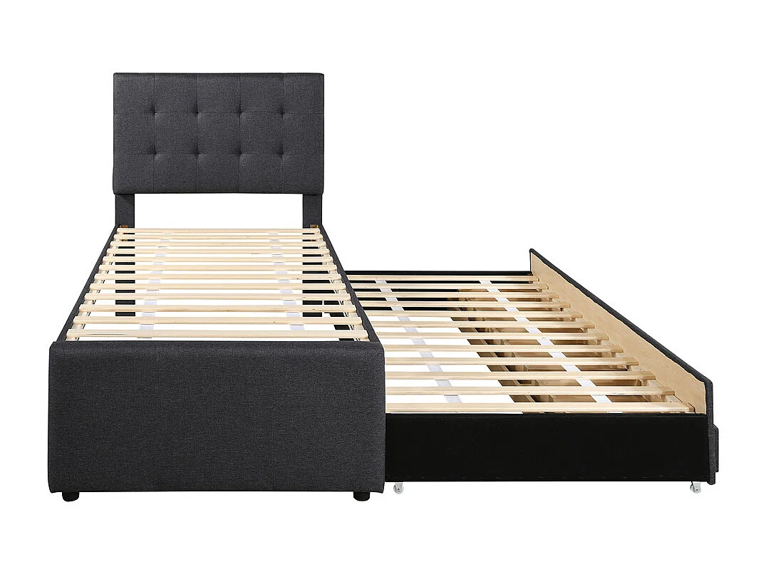 Volwassen bed 90x200 cm gestoffeerd bed met drie lades Eenpersoonsbed grijs linnen