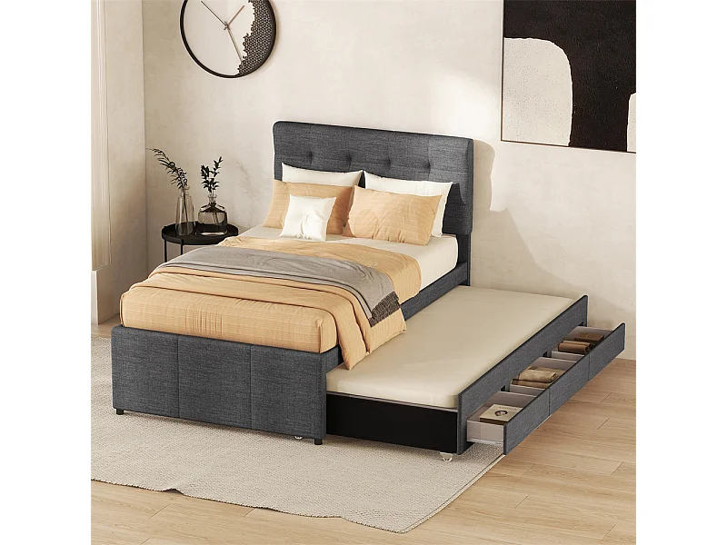 Volwassen bed 90x200 cm gestoffeerd bed met drie lades Eenpersoonsbed grijs linnen