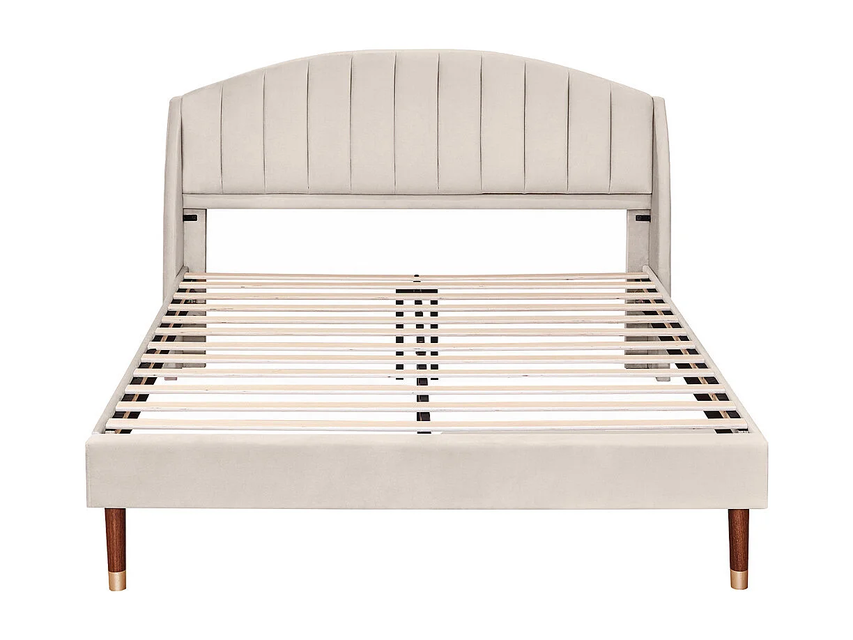 Volwassen bed houten lattenbodem bed 160x200 cm gestoffeerd bed Eenpersoonsbed beige fluweel